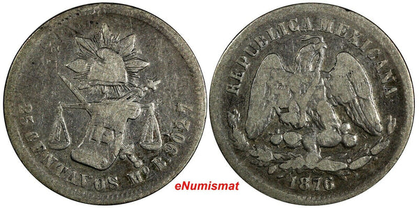 MEXICO Silver 1876/5 Mo B 25 Centavos OVERDATE Mexico Mint SCARCE KM#406.7 (87)