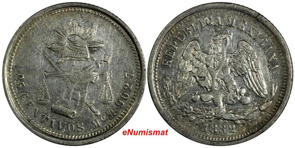 MEXICO Silver 1882 Mo M 25 Centavos Mexico Mint-212,000 SCARCE KM#406.7 (19 189)