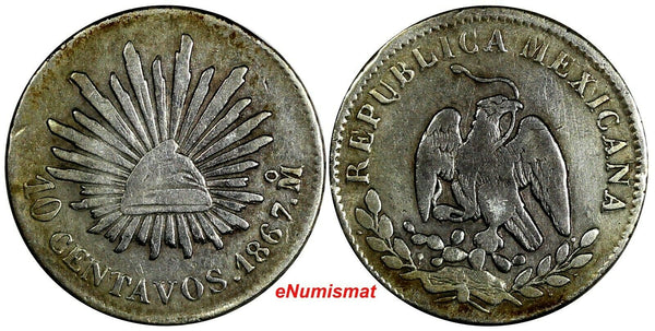 Mexico SECOND REPUBLIC Silver 1867 Mo 10 Centavos 3 YEARS TYPE KM# 402 (19 191)