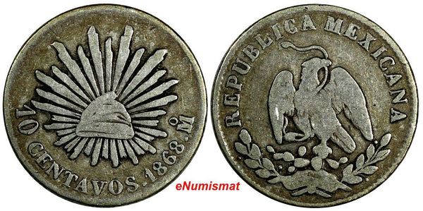 Mexico SECOND REPUBLIC Silver 1868 Mo 10 Centavos 3 YEARS TYPE KM# 402 (19 192)