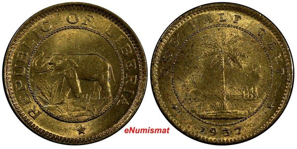 Liberia Brass 1937 1/2 Cent African Elephant NICE BU KM# 10 (19 196)