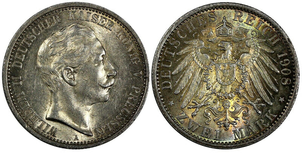 German States PRUSSIA Wilhelm II Silver 1908 A 2 Mark aUNC/UNC KM# 522 (45)