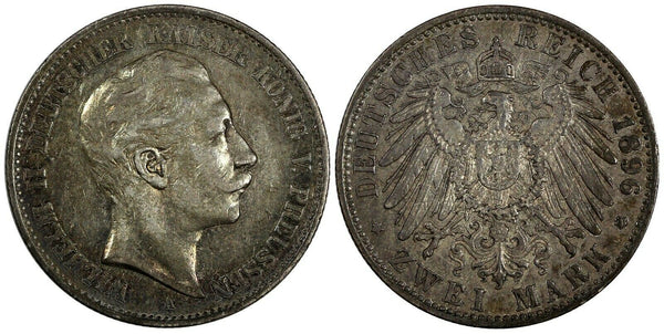 German States PRUSSIA Wilhelm II Silver 1896 A 2 Mark Toned KM# 522 (46)