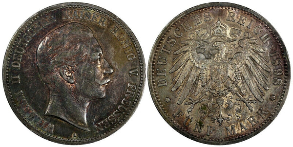German States PRUSSIA Wilhelm II Silver 1898 A 5 Mark Toned KM# 523 (47)