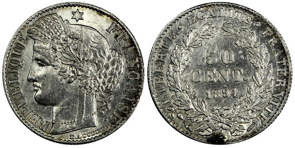 France Silver 1894 A 50 Centimes Paris Mint aUNC KM# 834.1 (19 254)