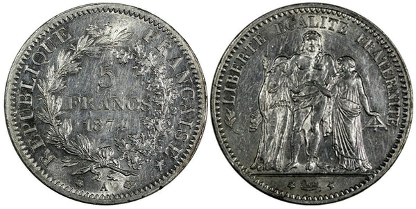 France Silver 1874 A 5 Francs aUNC 37 mm KM# 820.1 (19 256)