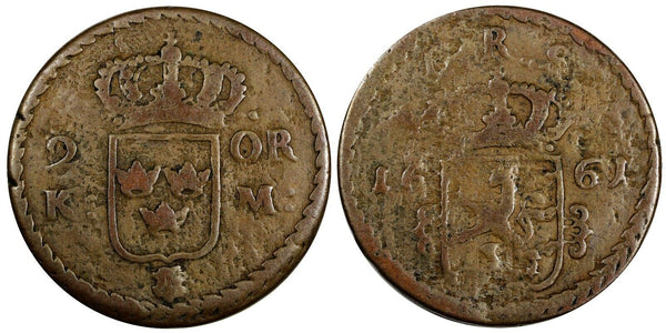 Sweden Carl XI Copper 1661 2 Ore Kopparmynt 41.78 mm 1st Year Type KM#234.1(282)