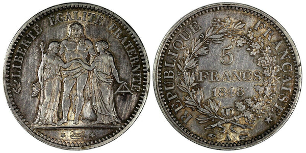France Silver 1848 A 5 Francs Hercules Nice Toned 37mm KM# 756.1 (19 291)