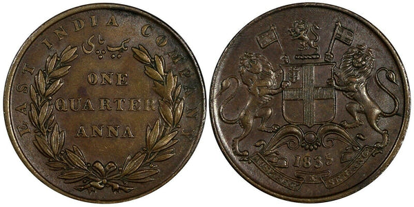 India-British William IV (1765-1837) Copper 1835 1/4 Anna aUNC KM# 446.2 (298)