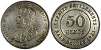 Straits Settlements George V Silver 1921 50 Cents Toned aUNC KM# 35.1 (19 320)