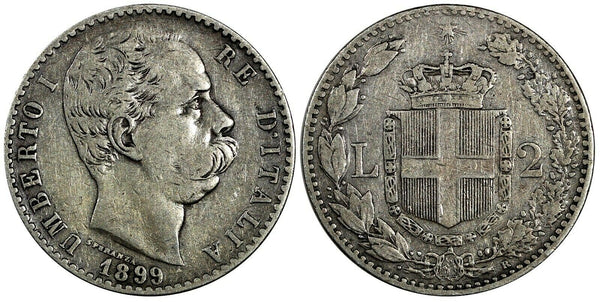 Italy Umberto I Silver 1899 R 2 Lire 27 mm Better Date SCARCE KM# 23 (19 324)