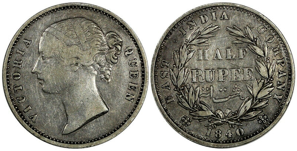 India-British Victoria Silver 1840 1/2 Rupee S raised W.W. incuse KM# 456.2 (6)