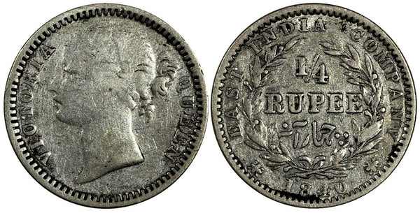 India-British Victoria Silver 1840 1/4 Rupee KM# 454.2 (19 331)