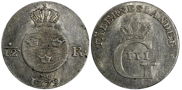 Sweden Gustav III ( 1771-1792) Silver 1779 OL 1/12 Riksdaler KM# 523 (19 341)