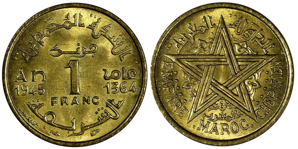 Morocco Mohammed V 1364 (1945) 1 Franc Paris Mint ch.UNC Y# 41 (19 353)