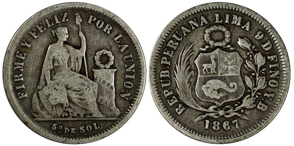 Peru Silver 1867 YB  1/5 Sol Better Date KM# 191 (19 390)