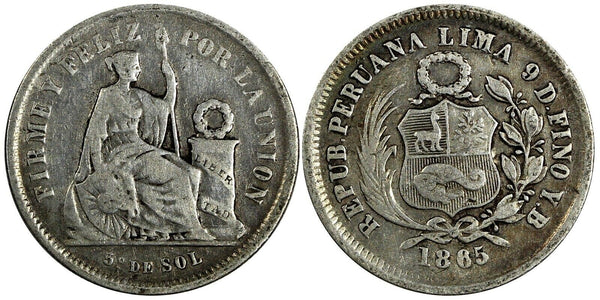 Peru Silver 1865 YB  1/5 Sol Better Date KM# 191 (19 392)