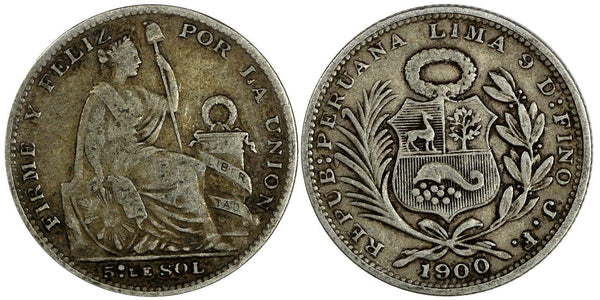 Peru Silver 1900 JF 1/5 Sol "LIBERTAD" KM# 205.2 (19 396)