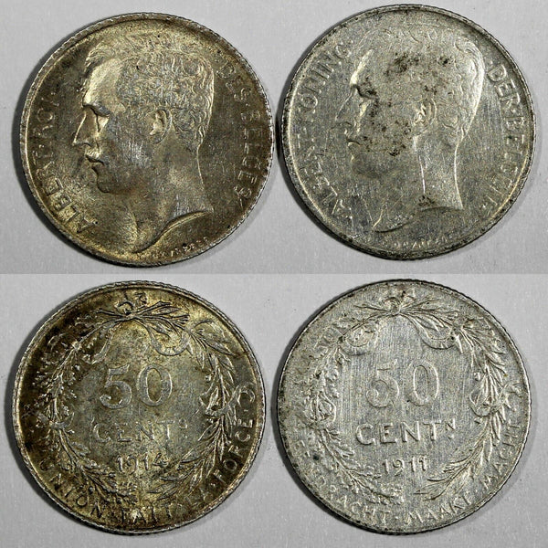 Belgium Albert I Silver LOT OF 2 COINS 1911,1914 50 Centimes French KM# 70 (406)