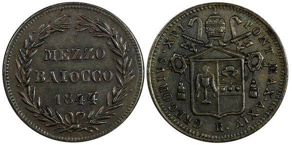 Italy PAPAL STATES Mezzo 1844/3 1/2 Baiocco OVERDATE UNLISTED SCARCE KM# 1319(7)