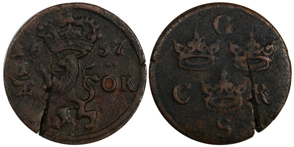 SWEDEN Charles X Gustav Copper 1657 1/4 Ore C.R.S SCARCE KM# 211 (19 427)