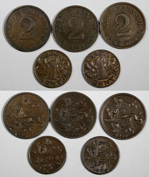 Estonia Bronze LOT OF 5 COINS 1929,1934 1 Sent,2 Senti KM# 11, KM# 10 (19 431)