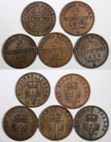 German States PRUSSIA Copper LOT OF 5 COINS 1867-1872 3 Pfennig KM# 482 (19 454)