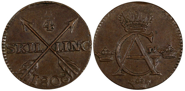 SWEDEN Copper King Gustav IV Adolf 1808 1/4 Skilling ch.XF KM# 564 (19 460)