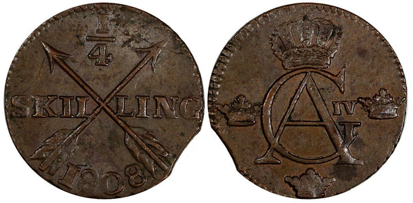 SWEDEN Copper King Gustav IV Adolf 1808 1/4 Skilling ch.XF KM# 564 (19 461)