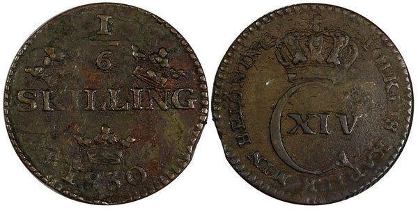 Sweden Carl XIV Johan Copper 1830 1/6 Skilling  KM# 625 (19 467)