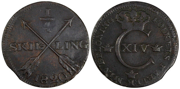 SWEDEN Carl XIV Johan Copper 1820 1/4 Skilling 26 mm  KM# 595 (470)