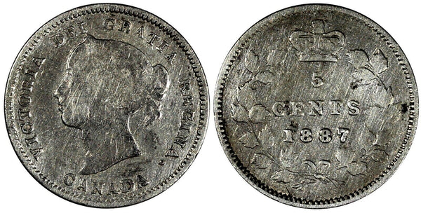 Canada Victoria Silver 1887 5 Cents Mintage-500,000 SCARCE KM# 2 (19 480)