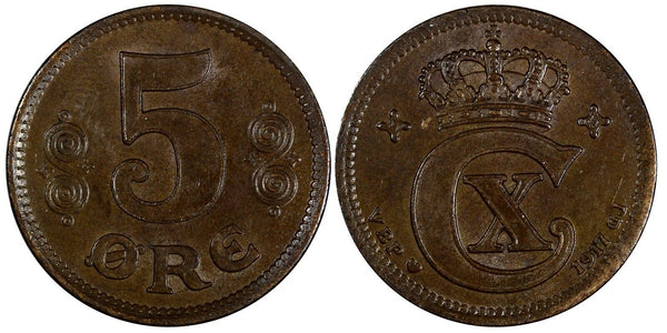 Denmark Christian X Bronze 1917 5 Øre Mintage-494 000 aUNC KM# 814.1 (19 484)