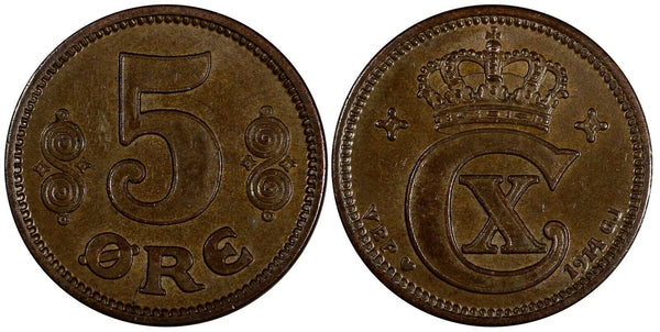 Denmark Christian X Bronze 1914 5 Øre Mintage-785 000 aUNC KM# 814.1 (19 485)