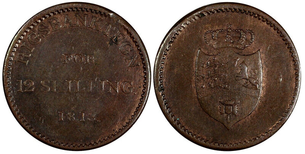 Denmark Frederik VI Copper 1813 12 Skilling Rigsbank Token 1 YEAR TYPE KM#Tn2(6)