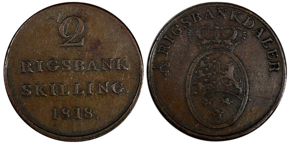 Denmark Frederik VI Copper 1818 2 Rigsbank Skilling 1 Year Type KM# 689 (19 487)