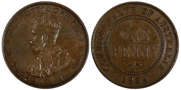 Australia George V Copper 1934 1 Penny Melbourne Mint KM# 23 (19 495)
