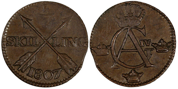 SWEDEN Copper King Gustav IV Adolf 1807 1/4 Skilling ch.XF KM# 564 (19 540)