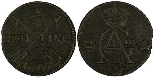 SWEDEN Copper King Gustav IV Adolf 1807 1/4 Skilling KM# 564 (19 541)