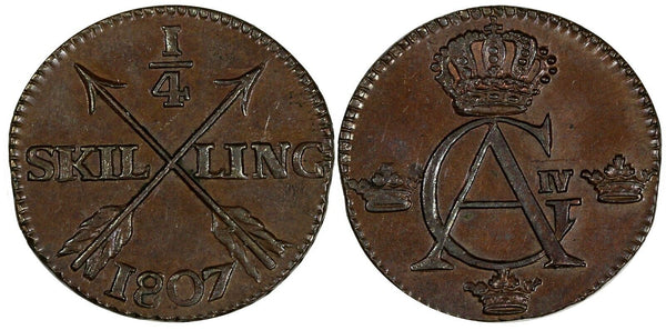 SWEDEN Copper King Gustav IV Adolf 1807 1/4 Skilling ch.XF KM# 564 (19 542)