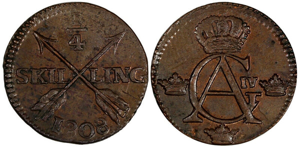 SWEDEN Copper King Gustav IV Adolf 1808 1/4 Skilling  AU KM# 564 (19 545)