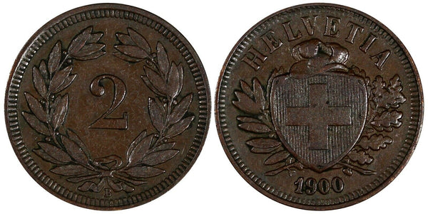 Switzerland Bronze 1900 B 2 Rappen thin cross Bern Mint KM# 4.2 (15 546)