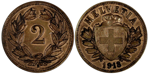 Switzerland Bronze 1918 B 2 Rappen thin cross Bern Mint KM# 4.2 (15 547)