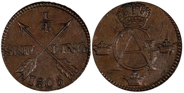 SWEDEN Gustaf IV Adolf Copper 1805 1/4 Skilling Avesta mint ch.XF KM# 564 (564)