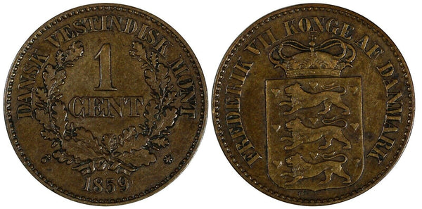 Danish West Indies Frederik VII Bronze 1859 1 Cent Brown Mint-216,000 KM# 63(9)