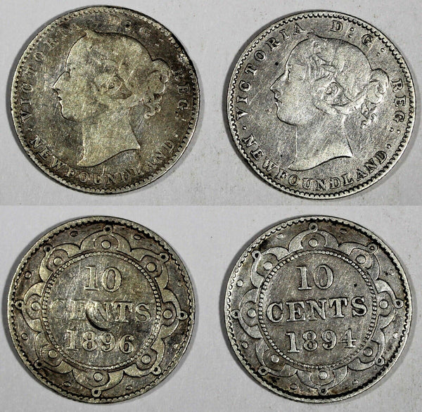 Canada NEWFOUNDLAND Victoria Silver LOT OF 2 COINS 1894,1896 10 Cents KM# 3 (73)