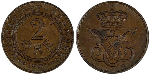 Denmark Frederik VIII Bronze 1907 VBP; GJ 2 Øre aUNC KM# 805 (19 576)