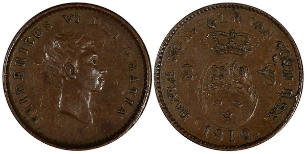 Denmark Frederik VI Copper 1810 2 Skilling ch.XF KM# 663 (19 578)