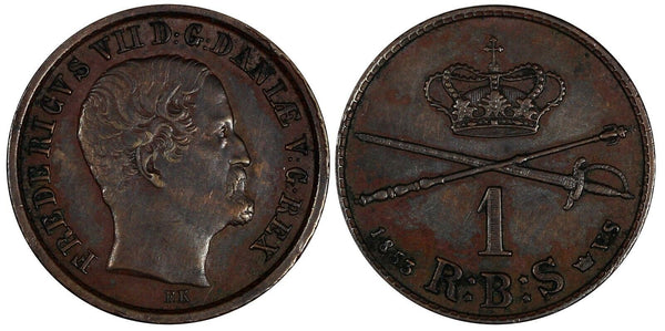 Denmark Frederik VII Copper 1853 FK//VS 1 Rigsbankskilling 1 YEAR KM# 756 (581)