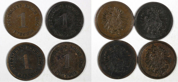 Germany - Empire Copper LOT OF 4 COINS 1874-1875 1 Pfennig KM# 1 (19 583)